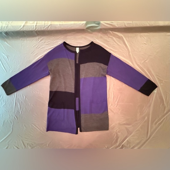 Jones New York purple/black/gray Colorblock Tunic length Open Cardigan Small - Picture 2 of 8